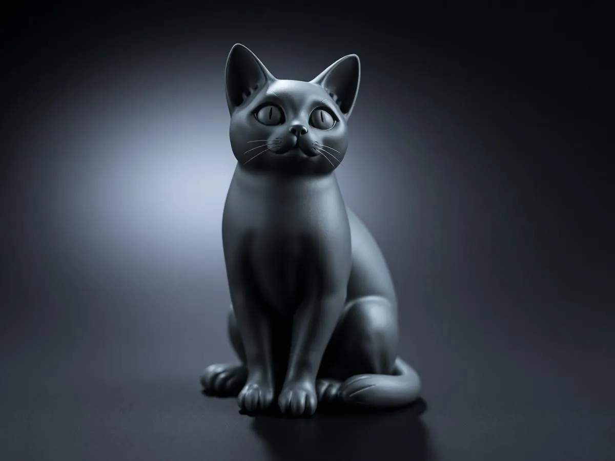 Matte grey 3D printed sitting cat figurine under studio light
