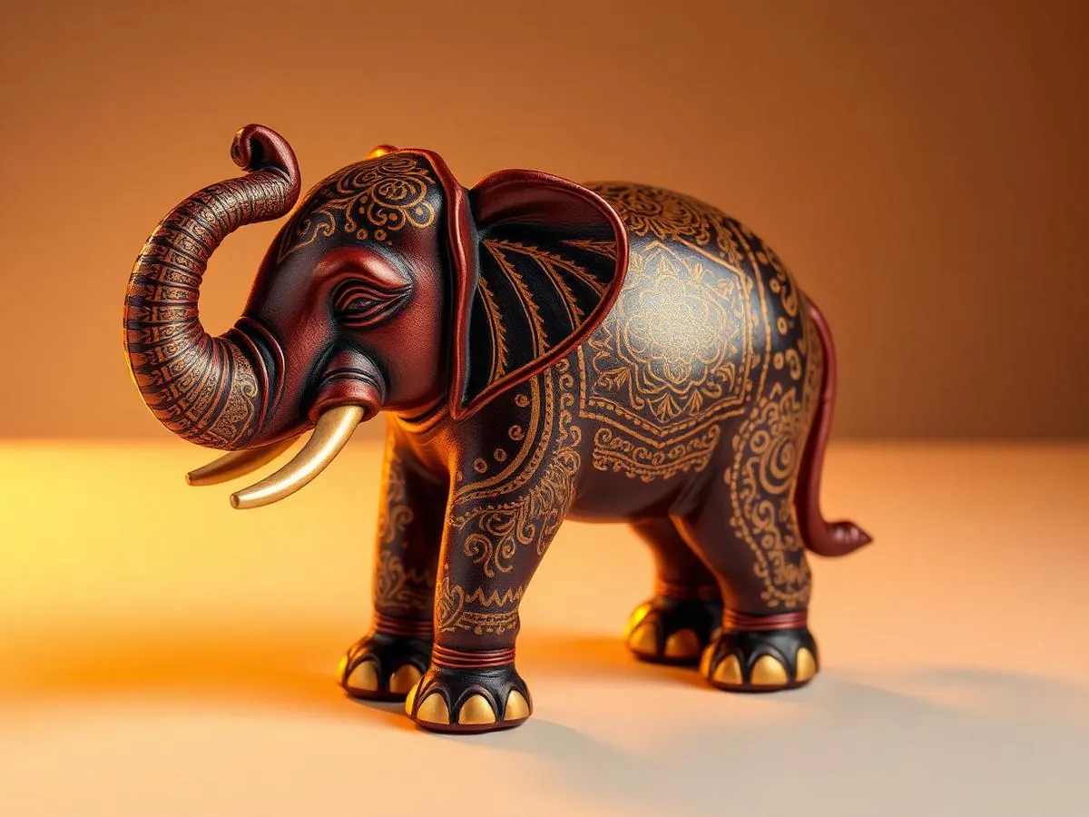 Hand-painted 3D printed elephant sculpture with gold detailing