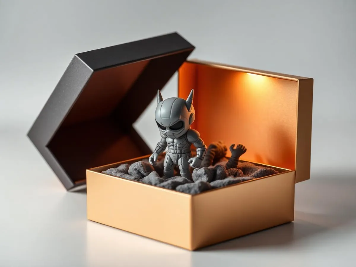 Premium gift box opened to reveal a custom 3D printed toy figurine