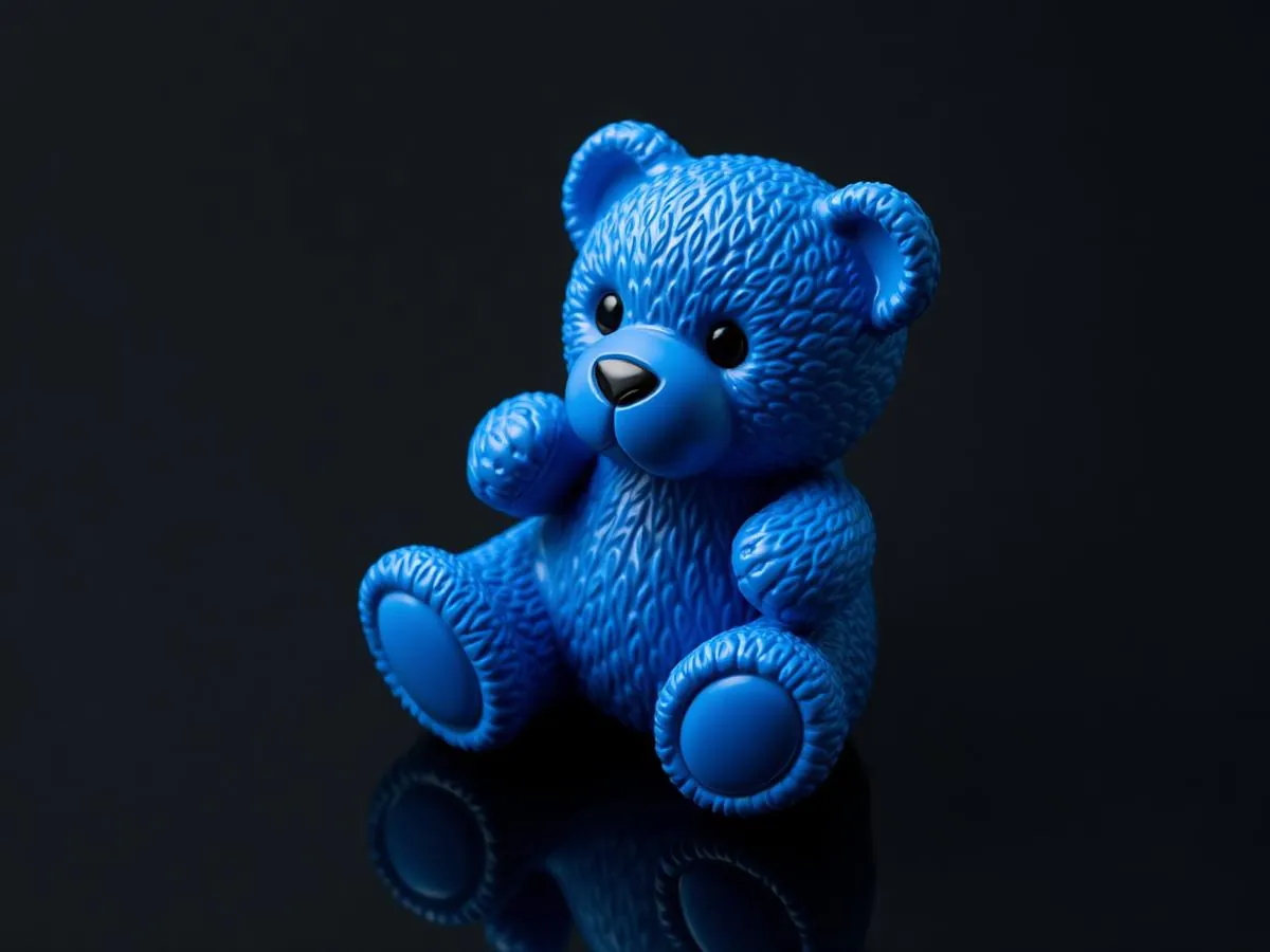Blue 3D printed teddy bear figurine on a glossy dark surface